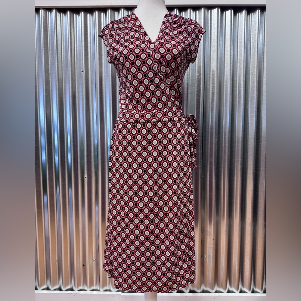 Bisou Bisou Deep V-Neck Geometric Retro Patterned Midi Wrap Dress Y2K